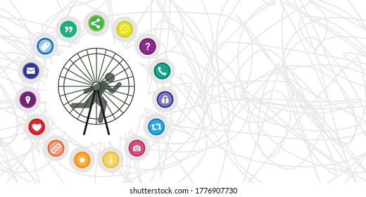 vector illustration of man running in wheel with social media symbols