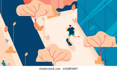 Vector Illustration Man Runs on City Street Flat. An Athletic Man Sportswear Runs Along City Street Near Houses. Active Leisure Lifestyle Cartoon Flat. Guy is Training Morning Or Evening.