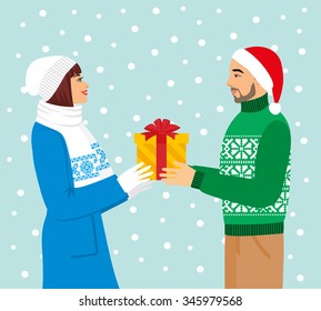 vector illustration of a man in Santa hat gives a girl a gift