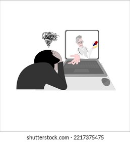 Vector illustration man sat in front of the computer, looking like amentally ill.
 doctor and drug and computer on isolate white background.Online medical consultation concept.