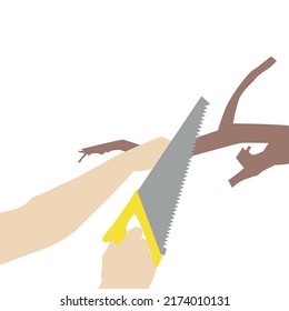 Vector. Illustration of a man sawing a dry branch with a hand saw. Man's hands