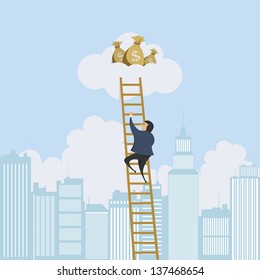 Vector Illustration Of A Man Scaling A Ladder To A Cloud With Money Bags.