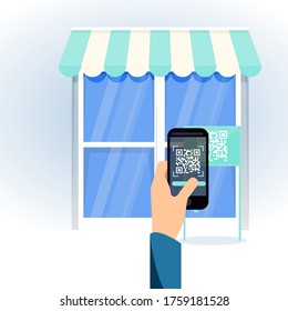 Vector Illustration of a man scanning a QR code in front of a grocery or cafe with his phone