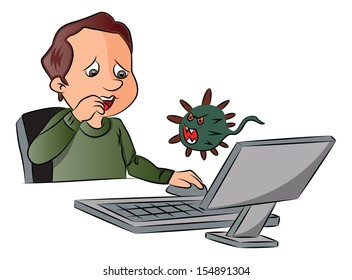 Vector illustration of man scared by looking at virus attack while using computer.