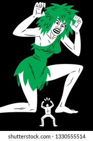Vector illustration of a man scared in the presence of a giant woman of scary appearance. Humorous. Graphic style. Cartoon style.