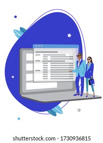 Vector illustration of man scientist on the laptop working researching data . Research database. Flat graphic