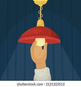 Vector illustration of a man screwing a light bulb into a chandelier.