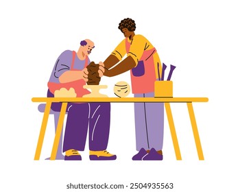 Vector illustration with a man sculpting a clay sculpture and a female sculptor helping. The image embodies harmony and emotional connection through art therapy.