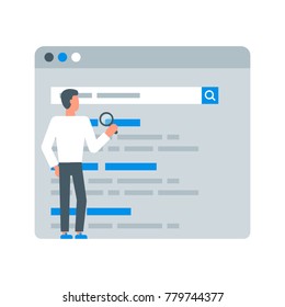 Vector illustration of a man searching information on the internet, SEO