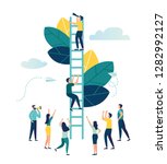 Vector illustration, a man seeks up the stairs, achieving the goal, the path to success is motivation, career advancement