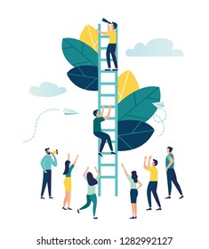 Vector illustration, a man seeks up the stairs, achieving the goal, the path to success is motivation, career advancement