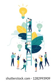 Vector illustration, a man seeks up the stairs, achieving the goal, the path to success is motivation, career advancement, search for ideas