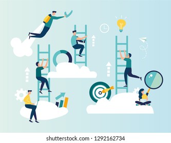 Vector illustration, a man seeks up the stairs, achieving the goal, the path to success is motivation, career advancement, search for ideas - Vector 