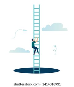 Vector illustration, a man seeks up the stairs, achieving the goal, the path to success is motivation, career advancement, search for ideas - Vector 