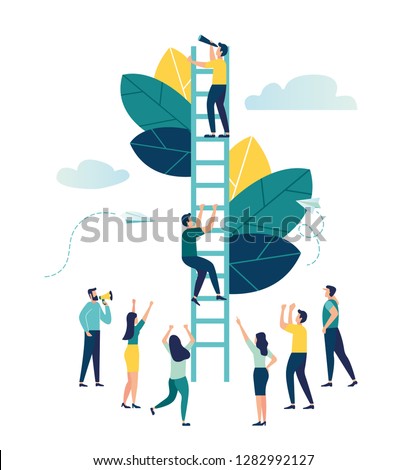 Vector illustration, a man seeks up the stairs, achieving the goal, the path to success is motivation, career advancement