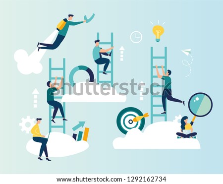 Vector illustration, a man seeks up the stairs, achieving the goal, the path to success is motivation, career advancement, search for ideas - Vector 
