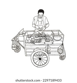 Vector illustration of a man selling fruit hawker in Thailand, outline drawing illustration on white background