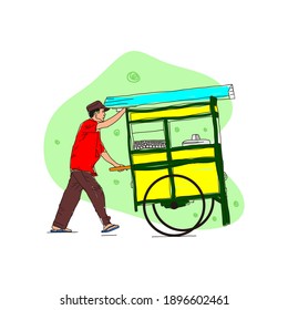vector illustration of man selling traditional street food noodle meatball soup