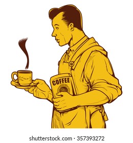 Vector illustration of man serving coffee. vintage coffee ink drawing.