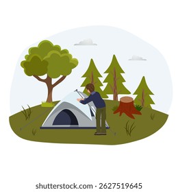 Ilustração vetorial de um homem montando uma tenda na floresta