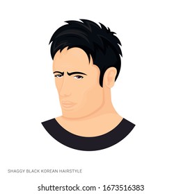 Vector illustration of a man with shaggy black korean hairstyle on a white background. The person with stylish haircut. Template for barbershops, salons. Avatar in style realism.