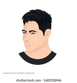 Vector illustration of a man with shaggy black korean hairstyle on a white background. The person with stylish haircut. Template for barbershops, salons. Avatar in style realism.