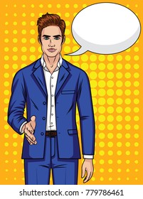 Vector illustration of a man shaking hands. A handsome guy in a business suit holds out his hand for a handshake. Businessman on a background of halftones in the style of comic art