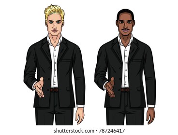 Vector illustration of a man shaking hands. Handsome guys different nationalities in a business suit holds out his hand for a handshake. Businessman wearing  black suit isolated on white background