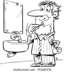 Vector illustration of a man shaving in front of the toilet mirror