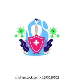 Vector illustration of a man with shield chases virus or bacteria. Fight virus. Defend from virus and bacteria.