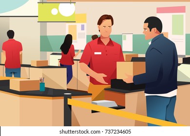 A vector illustration of Man Shipping a Box in Store