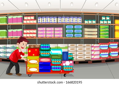 A Vector Illustration Of Man Shopping In A Big Box Store