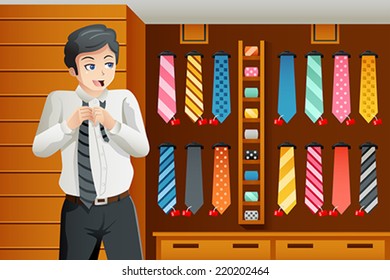 A vector illustration of Man shopping for a tie in a clothing store