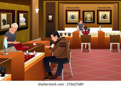 A vector illustration of man shopping for a wedding ring in a jewelry store