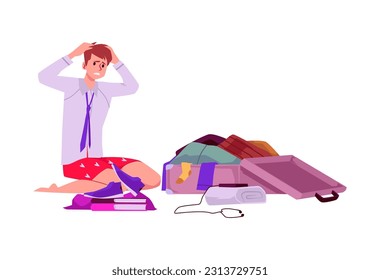 Vector illustration of a man in shorts and shirt with tie sits on knees, clutches his head and packing suitcase full of clothes, shoes and documents. Concept for Time to trave in flat style isolated