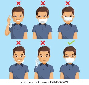 Vector illustration of man showing many wrong ways and only one correct way to wear protective mask to avoid air pollution or virus infection