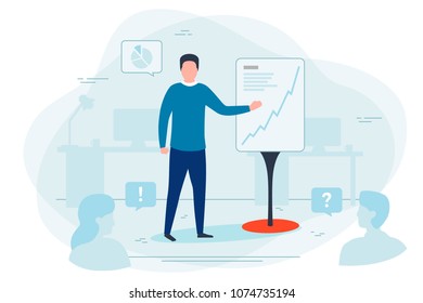 Vector illustration - man showing presentation in office.  Banner, poster template with place for your text.