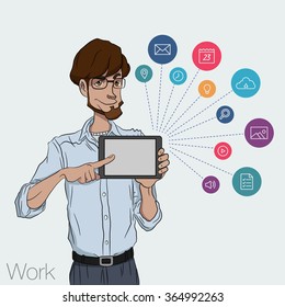 Vector illustration of man showing tablet screen for presentation app. Tools for remote network man via mobile devices. Guy with tablet computer. Cloud services and technologies network. Icon set app