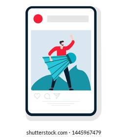 Vector illustration with man, shuttlecock for badminton. Playing sports mobile application. Workout for wellness and activity. Healthy lifestyle. Design for app, websites, print, presentation.
