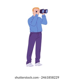 A vector illustration of a man, side view and looking through binoculars and analyzing data to develop a business strategy, is isolated on a white background