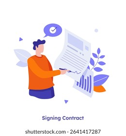 Vector illustration with a man signing business contract. Digital agreement form and legal document. Online negotiation and approval. Financial deal confirmation.