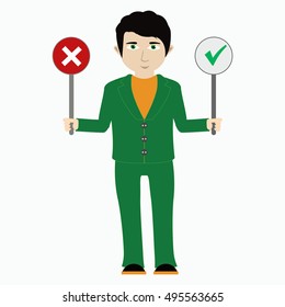 Vector illustration of a man with signs of yes and no. On a white background.