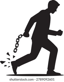 A vector illustration of a man in silhouette breaking free from a chain attached to his leg, symbolizing liberation, breaking bonds, and achieving freedom.