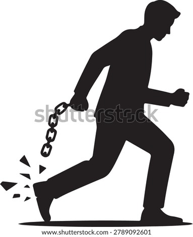 A vector illustration of a man in silhouette breaking free from a chain attached to his leg, symbolizing liberation, breaking bonds, and achieving freedom.