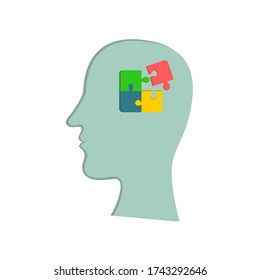 Ilustración vectorial de la silueta humana con rompecabezas rotas con un elemento separado en la cabeza. Psicología mental lógica juegos cerebrales concepto psíquico