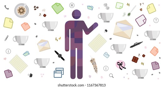 vector illustration of man silhouette and coffees stationary and for procrastination concepts