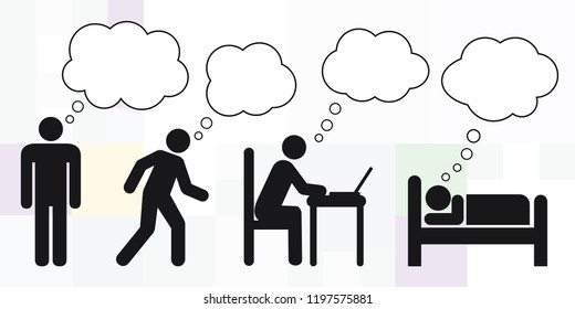 vector illustration of man silhouette and different daily activities with dream thinking bubble