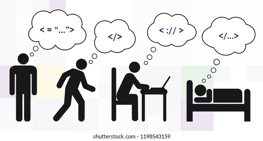 vector illustration of man silhouette and different daily activities with thinking about programming coding all the time
