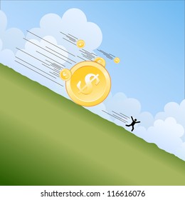 Vector illustration of man silhouette fleeing from landsliding gold coins.