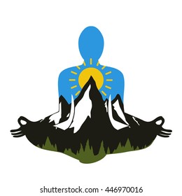 Vector illustration with man silhouette meditates in lotus pose. Pine forest, mountains, sun and blue sky inside. The unity of man and nature concept, trendy print design